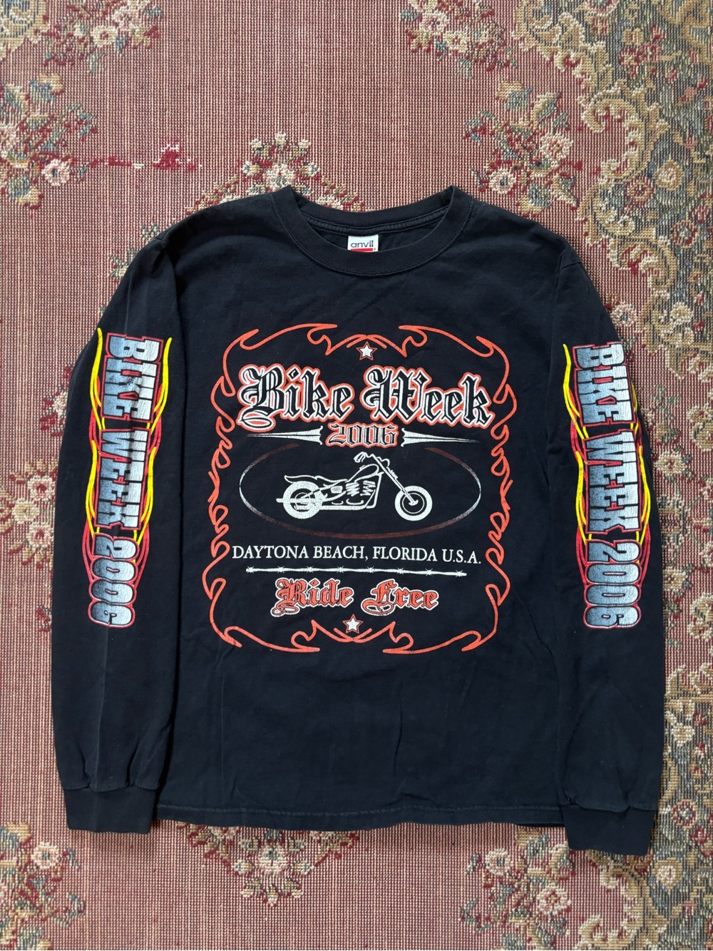 Anvil Black Long Sleeve Bike Week 2006 Tee with Orange, White & Yellow Graphics